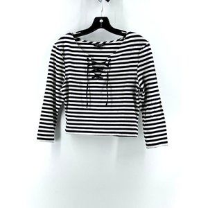 Top Shop Women's Long Sleeve White Blue Striped Crop Shirt Laced V Neck Size 8